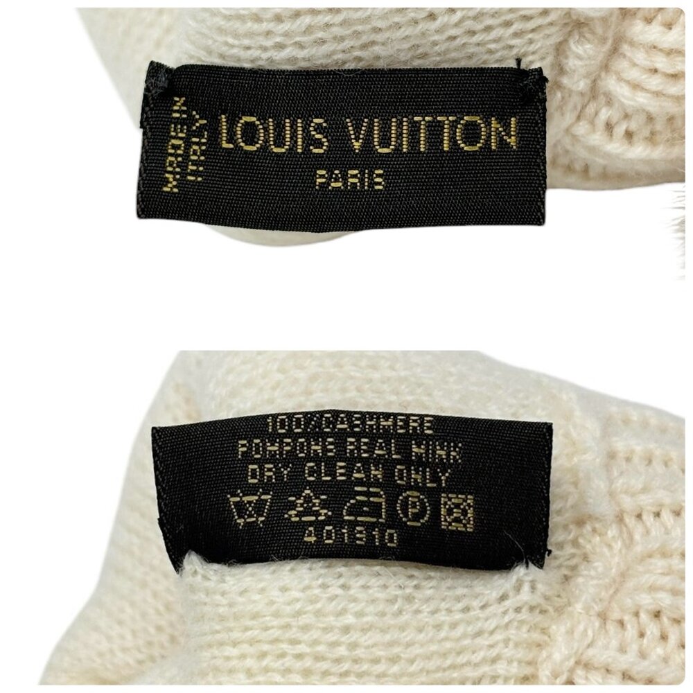 LOUIS VUITTON Vintage LV Logo Knit Gloves Mink Pompons  Cream Cashmere [103888] - Picture 10 of 10